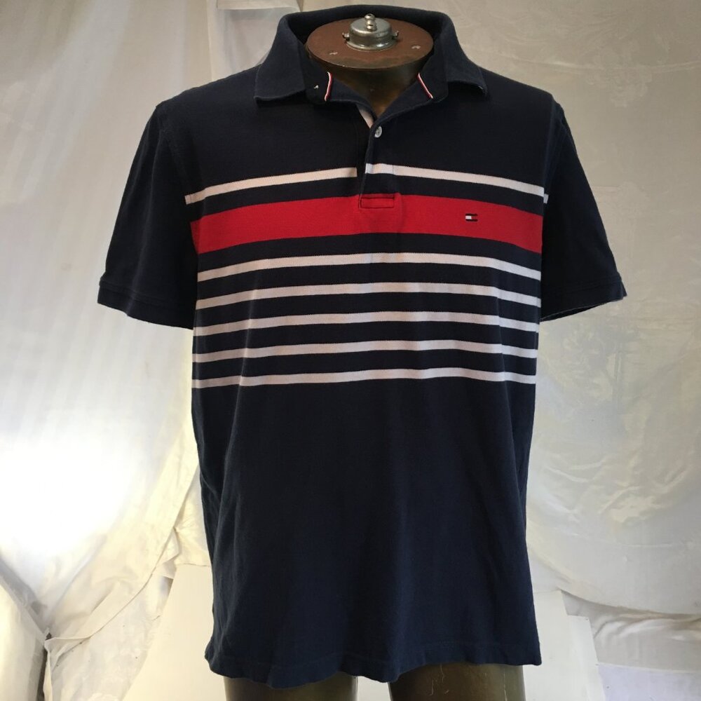 Tommy Hilfiger Short Sleeve Bold Strip Men's Polo Style Shirt Sz Med Navy Blue